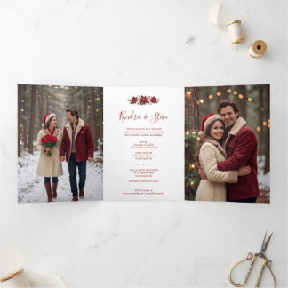 Carte De Fin D'année Trois Volets Mariage chic de Noël avec des photos de Poinsettia
