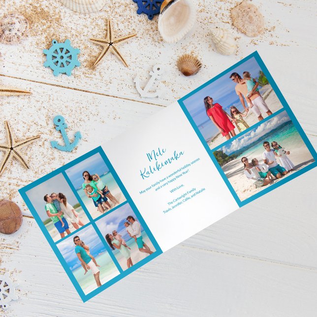 Carte De Fin D'année Trois Volets Mele Kalikimaka Collage photo familial bleu plage (Créateur téléchargé)