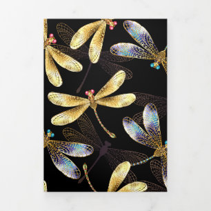 Carte De Fin D'année Trois Volets Motif sans couture avec libellules d'or