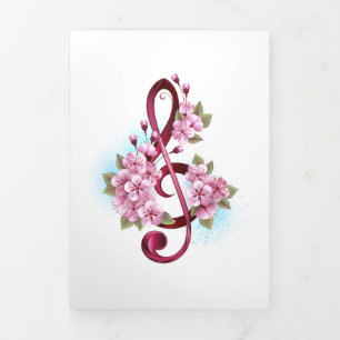 Carte De Fin D'année Trois Volets Musical treble clef notes with sakura flowers