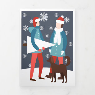 Carte De Fin D'année Trois Volets Noël Gay Couple Chien Et Arbre Personnalisé