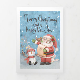 Carte De Fin D'année Trois Volets Noël Père Noël et bonhomme de neige personnalisé