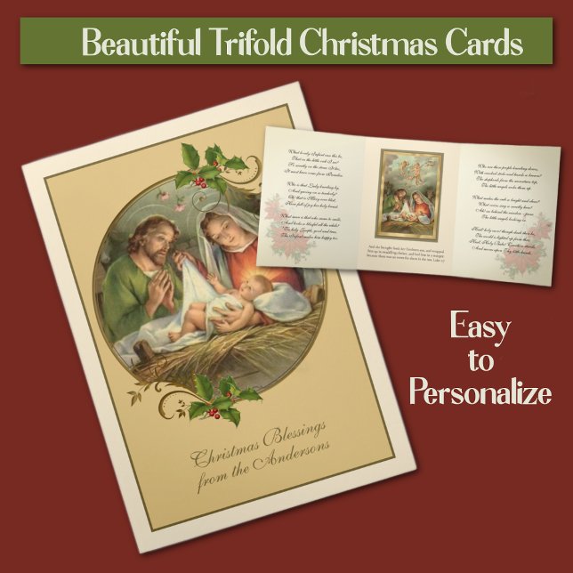 Carte De Fin D'année Trois Volets Noël religieux Jésus Vierge Marie St Joseph (Traditional Religious Trifold Christmas Cards - Easy to personalize!)