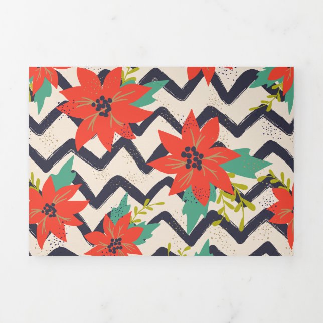 Carte De Fin D'année Trois Volets Noël Rouge Poinsettia noir et blanc Chevron (Page de couverture)