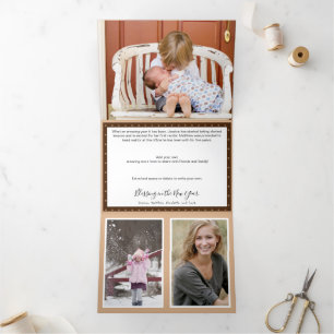 Carte De Fin D'année Trois Volets Noël Rustique Bois et vignes Multiphoto