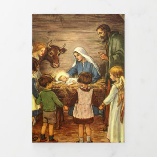 Carte De Fin D'année Trois Volets Noël Vintage, Nativité Religieuse avec Bébé Jésus