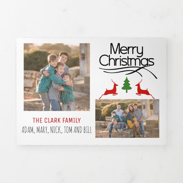 Carte De Fin D'année Trois Volets Noir Joyeux Noël, cerf, arbre photo motif (Page de couverture)