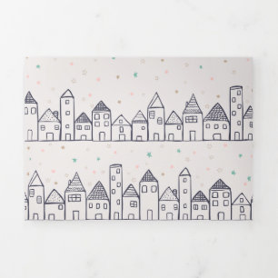 Carte De Fin D'année Trois Volets Page de coloriage Village de Noël dans la neige