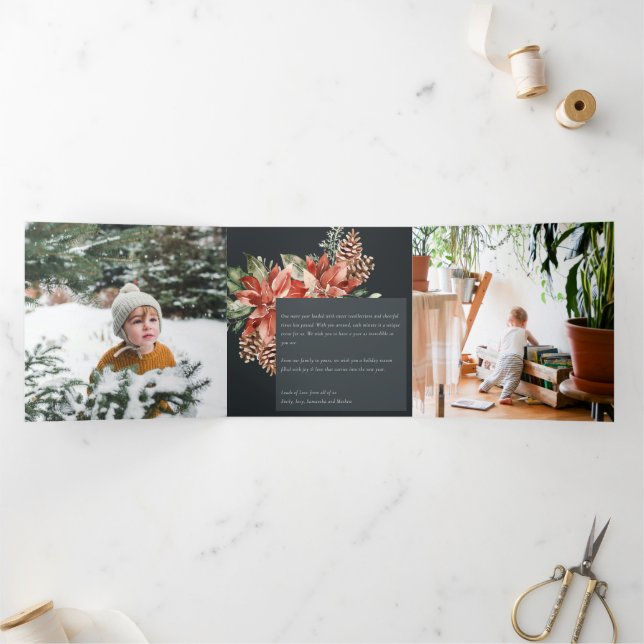 Carte De Fin D'année Trois Volets Paix Noël Poinsettia Marine Black Pine 3 Photo (Intérieur)