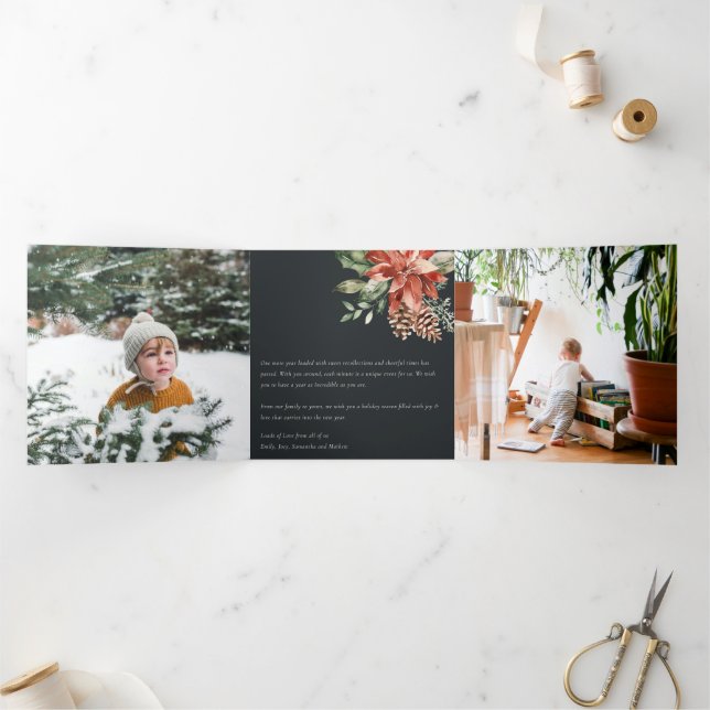 Carte De Fin D'année Trois Volets Paix Noël Poinsettia Marine Black Pine 3 Photo (Intérieur)