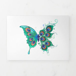 Carte De Fin D'année Trois Volets Papillon aux plumes de paon vert