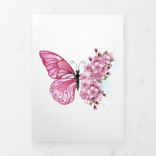 Carte De Fin D'année Trois Volets Papillon de fleurs avec Sakura rose