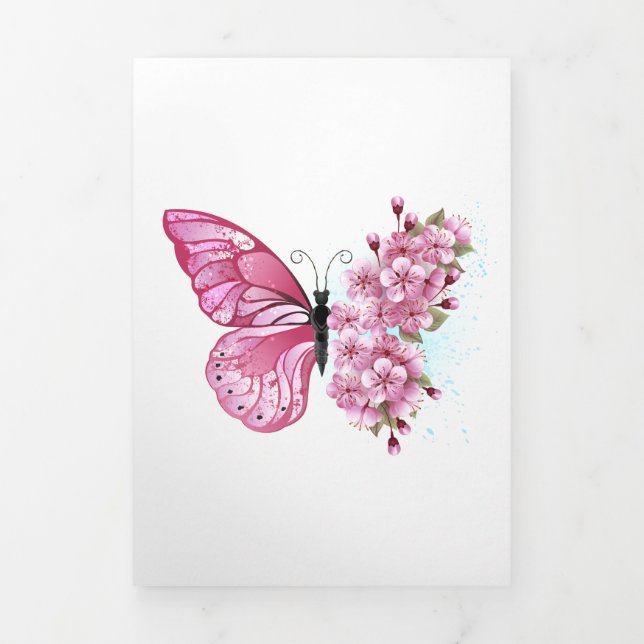 Carte De Fin D'année Trois Volets Papillon de fleurs avec Sakura rose (Page de couverture)