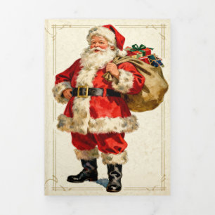 Carte De Fin D'année Trois Volets Père Noël Classique Vintage et Foyer