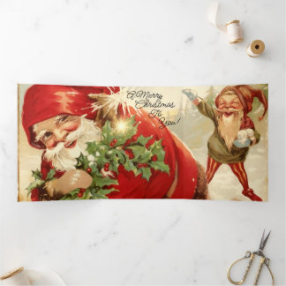 Carte De Fin D'année Trois Volets Père Noël vintage, houx et gnome lanceur de boules