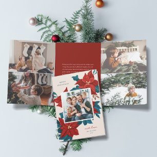 Carte De Fin D'année Trois Volets Photo de Noël aux poinsettia peints