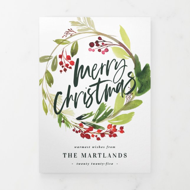 Carte De Fin D'année Trois Volets Photos aquarelle florale + feuillage noël (Page de couverture)