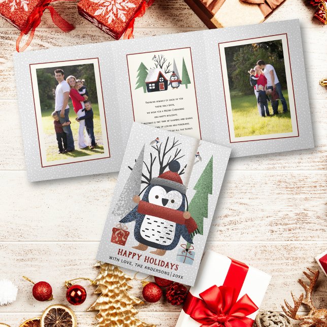 Carte De Fin D'année Trois Volets Pingouin d'hiver et arbres Noël multi photo (Créateur téléchargé)