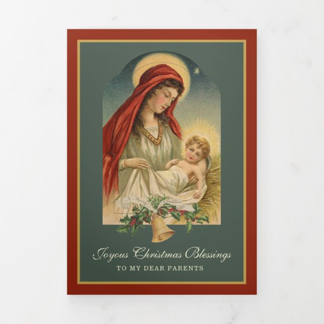 Carte De Fin D'année Trois Volets Poème de Noël religieux Jésus Vierge Marie (Page de couverture)