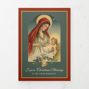 Carte De Fin D'année Trois Volets Poème de Noël religieux Jésus Vierge Marie