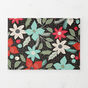 Carte De Fin D'année Trois Volets Poinsettia de Noël peinte à la main Rouge Blanc Aq