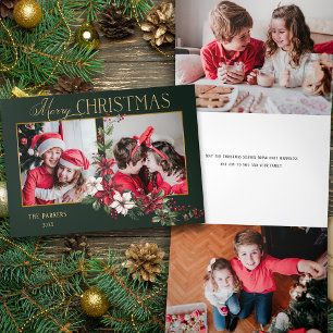 Carte De Fin D'année Trois Volets Poinsettias de Noël colorés à 2 photos Joyeux Noël