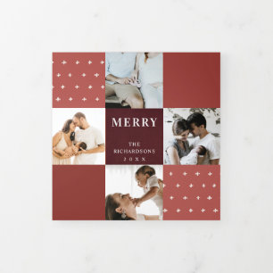 Carte De Fin D'année Trois Volets Red Maroon Plaid 7 Photo Cross Joyeux Noël
