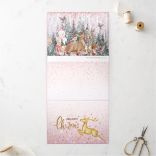 Carte De Fin D'année Trois Volets Renne à l'aquarelle rose, Joyeux Noël au bonhomme 