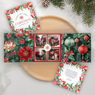 Carte De Fin D'année Trois Volets Rouge Vert Noël Chinoisserie 4 Photo