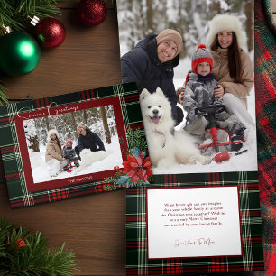 Carte De Fin D'année Trois Volets Rustique Noël Plaid avec Poinsettia & Pine Photo