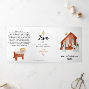 Carte De Fin D'année Trois Volets Simple Crèche Église Noël