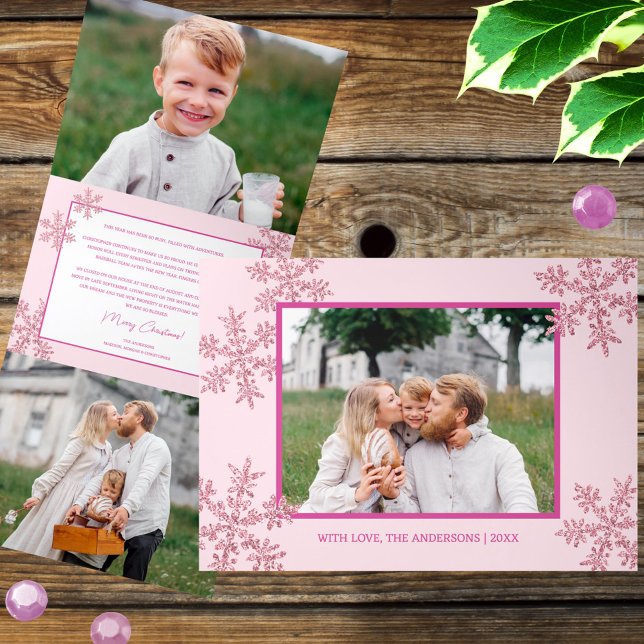 Carte De Fin D'année Trois Volets Snowflake Pink Glam Elegant 5 Photo Collage (Trendy tri-fold Christmas cards in pink with faux glitter pink snowflakes and your favorite photos)