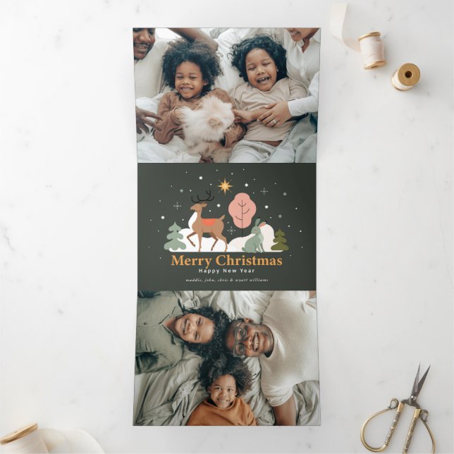 Carte De Fin D'année Trois Volets Soirée de Noël tranquille avec rennes et lapin (Intérieur)