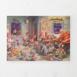 Carte De Fin D'année Trois Volets Vintage Noël Père Noël et elfes