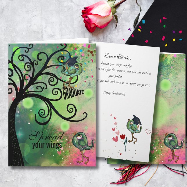 Carte de fin d'études de l'arbre de tourbillon fan (Whimsical Swirl Tree Graduation Card with Birds)