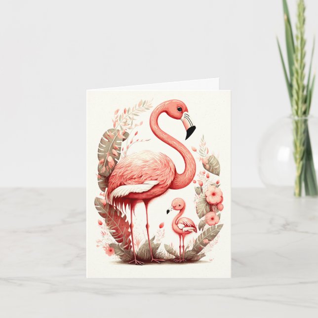 Carte de Flamant rose Mère et Bébé adorable (Devant)
