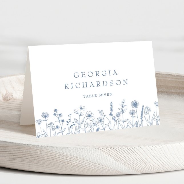 Carte de Fleur sauvage minimaliste simple (Simple Minimalist blue Periwinkle Wildflower Wedding guest name place card)