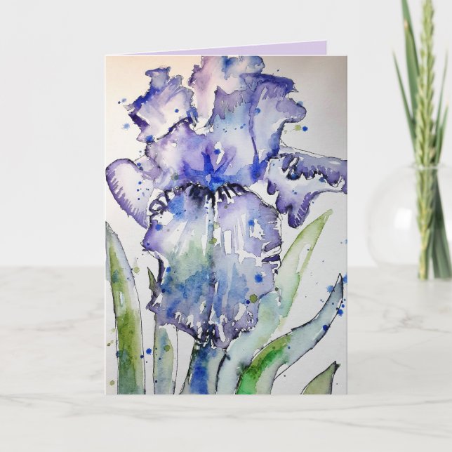 Carte de fleurs de peinture à l'aquarelle Iris Vio (Devant)