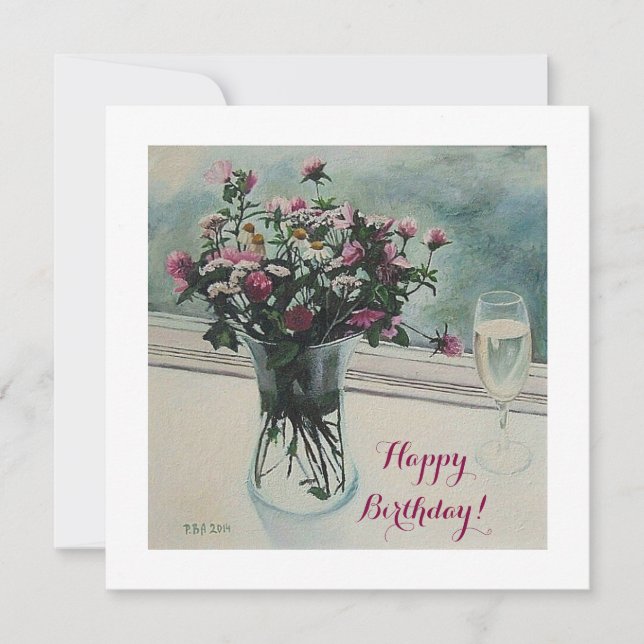 Carte de fleurs roses vintages d'anniversaire par  (Devant)