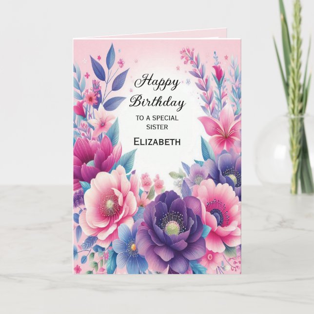 Carte de fleurs roses violettes bleues lumineuses  (Devant)