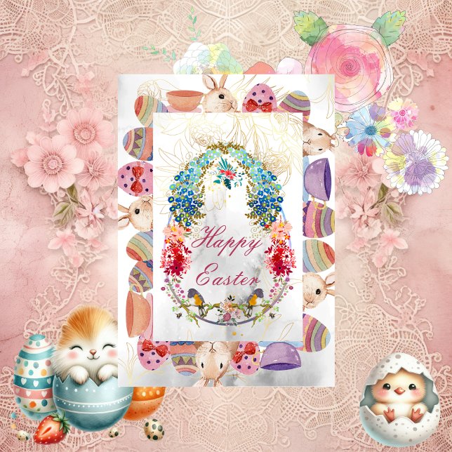 Carte de floraison Joyeuse Oiseau de lapin de Pâqu (Decorative Happy Easter Egg Bunny Bird Floral Card)