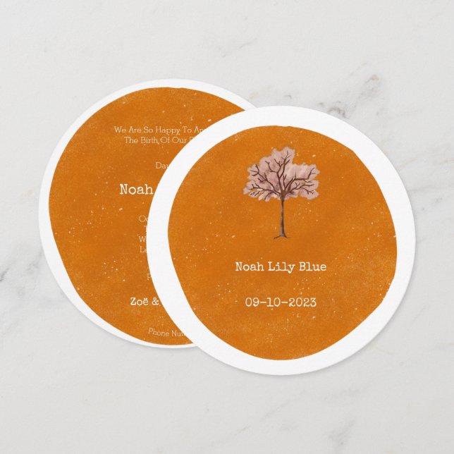 Carte de forme de cercle jaune abstrait arbre rose (Devant / Derrière)