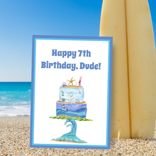 Carte de gâteau d'anniversaire Happy 7ème annivers (Coastal Bliss: Wave-inspired birthday joy for beach-loving, adventurous kids)