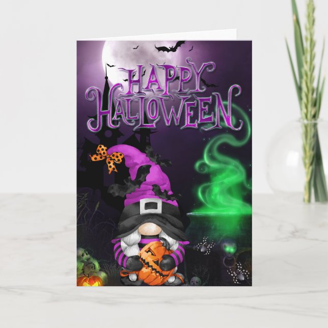 Carte de gnome de sorcière Halloween joyeux (Devant)