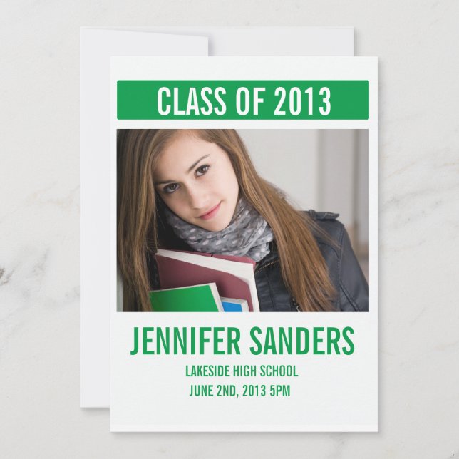 Carte de graduation de photo verte moderne (Devant)