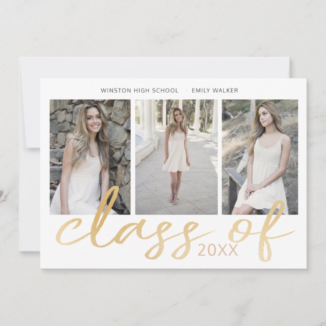 Carte de graduation photo de script Whimsical d'or (Devant)