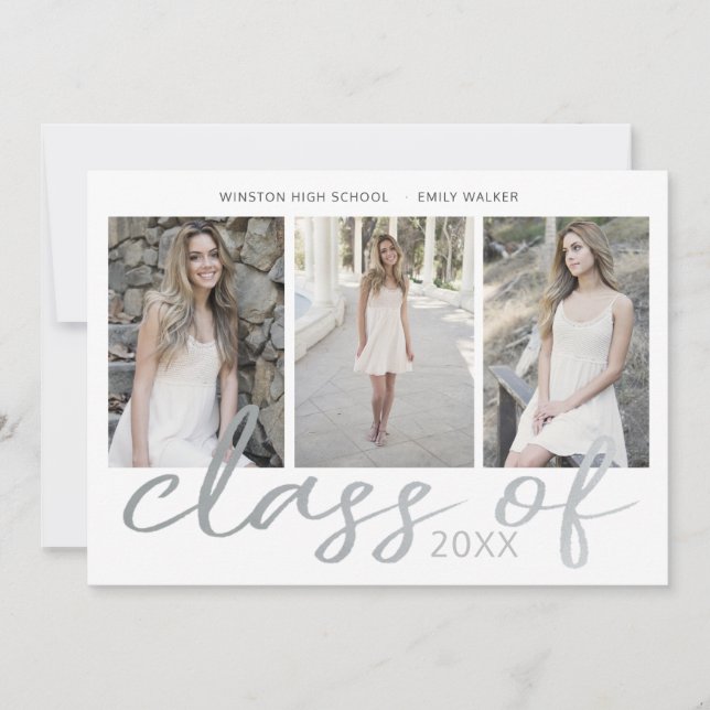 Carte de graduation photo Silver Whimsical Script (Devant)