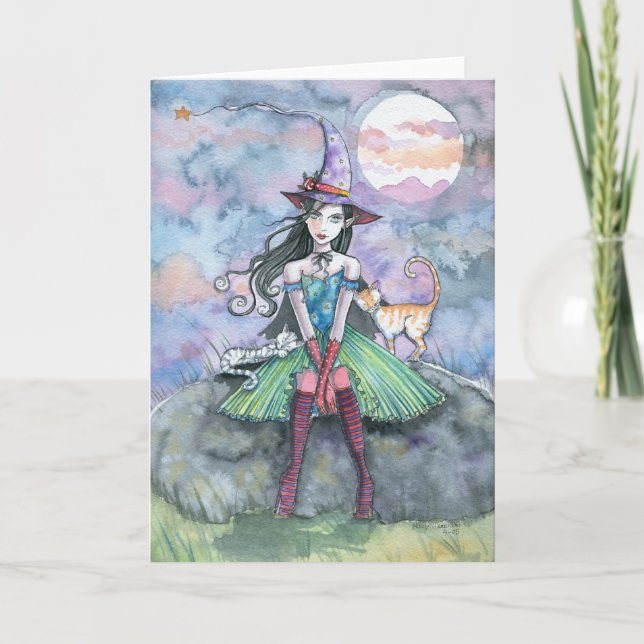 Carte de Halloween de chat sorcière par Molly Harr (Devant)