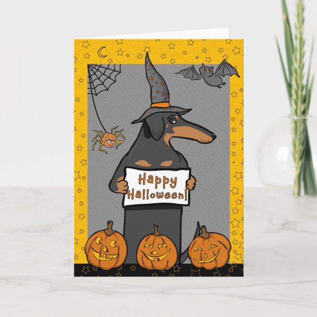 Carte de Halloween de sorcière de teckel (Devant)