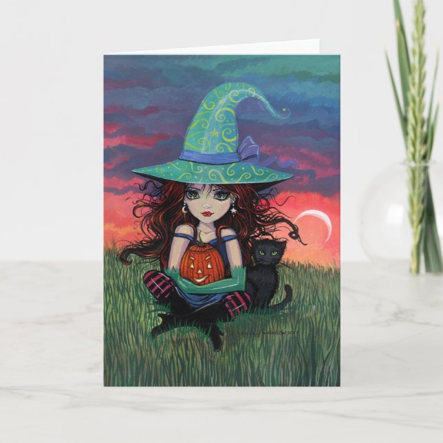 Carte de Halloween de sorcière et chat (Devant)